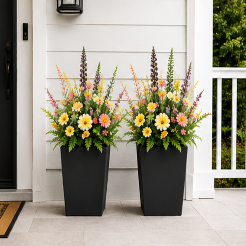 Set of 2 Artificial Outdoor Flowers with Black Planters, 60cm Faux Silk Plants for Porch, Patio & Garden Decor