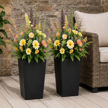 Set of 2 Artificial Outdoor Flowers with Black Planters, 60cm Faux Silk Plants for Porch, Patio & Garden Decor